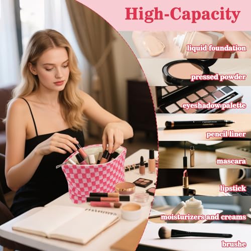 Checkered Makeup Bag - Large Cosmetic Bag for Women, Cute Cosmetic Pouch Travel Pouches for Toiletries, Makeup Brush, Purse, Large Capacity Storage Bag, Rose Red