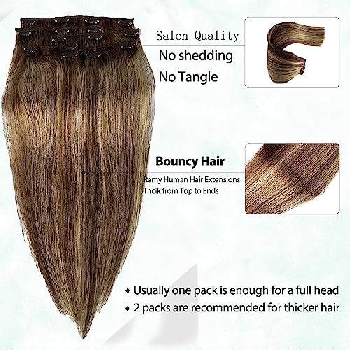 Human Hair Clip in Extensions Brown to Blonde Balayage Clip ins Extensions Remy Human Hair 16 Inch Clip on Extension Bleach Blonde Highlights Hair Extensions for Women Clip in 7Pcs 70g