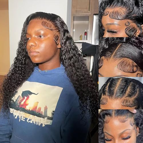 13x6 Deep Wave Wigs Human Hair Deep Wave Lace Front Wigs Human Hair 200% Density HD Lace Frontal Wigs for Balck Women Pre Plucked Glueless Deep Curly Wig Natural Black (26 Inch)