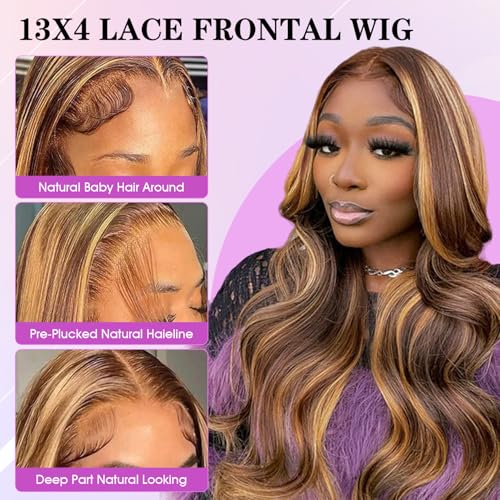 Ombre Lace Front Wig Human Hair 4/27 13x4 HD Body Wave Highlight Lace Front Wig Human Hair Pre Plucked With Baby Hair 24Inch Glueless Lace Front Wigs 180% Density