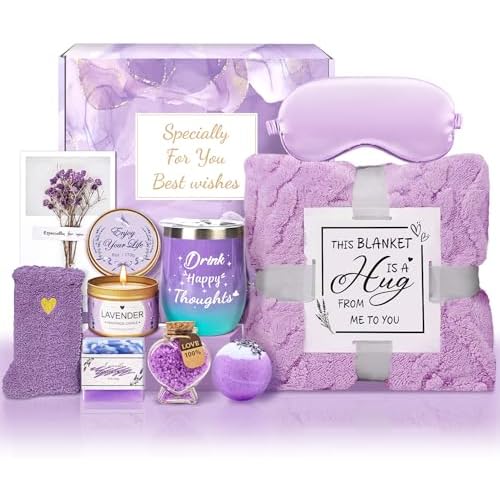 for Women Self Care Gifts Get Well Soon Gifts, Lavender Relaxation Spa Gift Basket Sets with Luxury Flannel Blanket, Unique Mothers Day Mom Gifts Basket for Mom Wife Grandma Sister