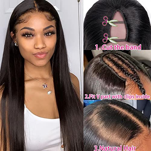 CHEETAHBEAUTY V Part Wigs Human Hair 26 Inch No Leave Out Lace Front Wigs Upgrade U Part Wigs Brazilian Virgin Straight Human Hair Wigs for Women 180% Density Natural Color