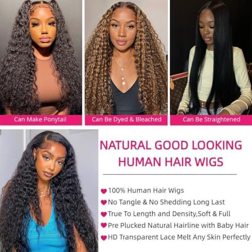 Water Wave Lace Front Wigs Human Hair 13x6 Full Frontal HD Transparent Human Hair Lace Front Wigs for Women 180% Density Deep Curly Human hair Wigs Wet And Wavy Pre Plucked with Baby Hair 30 Inch