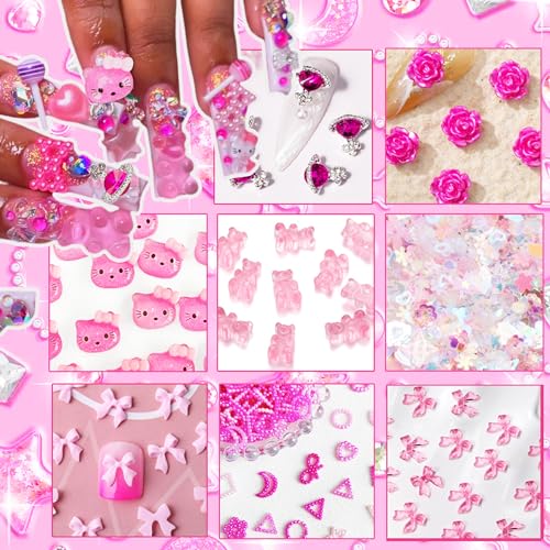 3D Pink Nail Charms Bulk Gummy Bear Butterfly Bow Assorted Nail Charms Set Planet Cherry Gems Cute Heart Star Pearls Nail Charms for Nail Art DIY Supplies Accessories