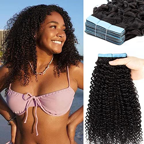 Urbeauty Tape in Hair Extensions Human Hair Black Women 40 Pcs Seamless Kinky Curly Tape on Hair Extensions with Invisible Tape Attached Semi Permanent Tape on Natural Hair