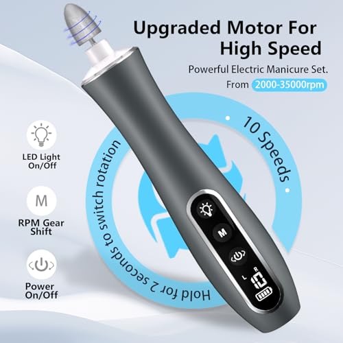Electric Nail File Drill, Cordless 2000 mAh Rechargeable Nail Filer Electric, Portable Nail Dril 10 Speeds Professional Machine Drill for Nails Acrylic Manicure and Thick Toenails Grinder