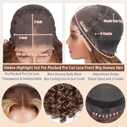 Ombre Highlight Lace Front Wigs Human Hair Honey Blonde 5x5 Pre Cut Lace Front Wigs Human Hair 5x5 HD Lace Closure Wigs For Women 4/27 Glueless Bouncy Body Wave Lace Frontal Wig 180 Density 28 Inch