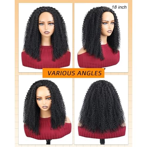 Curly Half Wig Human Hair Upgrade 3 IN 1 Human Hair Half Wig With Drawstring, Beginner Friendly Flip Over Afro Kinky Curly Wig Human Hair No Glue No Lace Wig For Black Women 200% Density 16 Inch