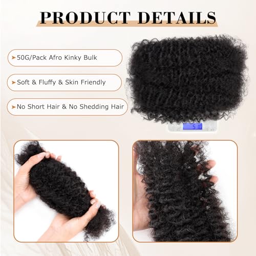 Afro Kinky Bulk Human Hair 8 Inch 30g/Pack 3 Packs for Dreadlocks Braiding Twist Loc Extensions ? Kinky Bulk Human Hair for Loc Repair, Afro Texture Natural Black Hair for Black Women & Men
