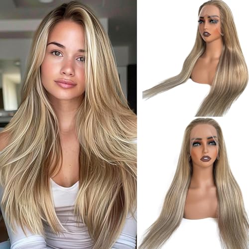 Highlight Lace Front Wig Human Hair Pre Plucked 13x4 Lace Frontal Wigs Glueless Straight Ash Brown to Ash Blonde Highlights Human Hair Wig 180% Density 24 Inch