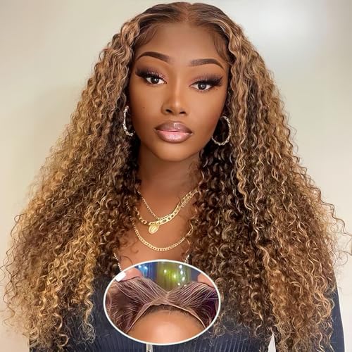Highlight Ombre 4/27 Human Hair Wear and Go Glueless Deep Wave Curly Wet and Wavy Lace Front Wigs Pre Plucked Pre Cut 5x5 HD Lace Closure Wigs for Black Women 30 Inch