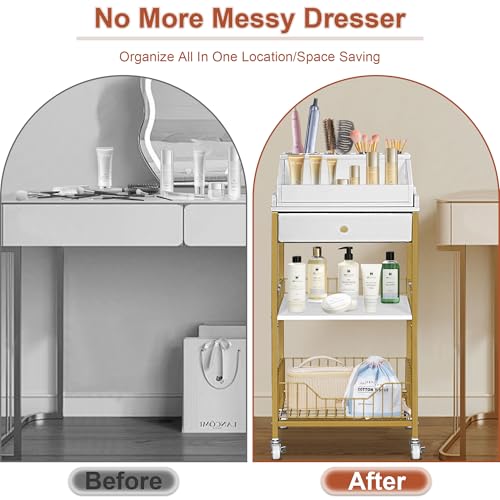 Makeup Organizer Cart with Drawer, 2-in-1 Rolling Organizer Cart with Hair Tool Holder, Vanity Storage for Skincare, Perfume, Nail Polish, Cosmetics, Gold Finish