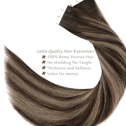 Lacer Hair Extension Tape In Extensions Human Hair Invisible Skin Weft Hair Extensions Dark Brown To Chestnut Brown Highlight Color Hair Extensions Tape In Real Human Hair Silky Straight 100G 24inch
