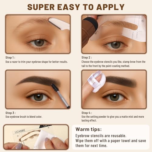 UCANBE 25PCS Eyebrow Stamp Stencil Kit With Dual-Color Eyebrow Stamp Pomade,20 Reusable Eyebrow Stencils,Finising Powder,Brush,Eyebrow Razor,Zipper Pouch,Waterproof Eye Brow Stamping and Shaping Kit04