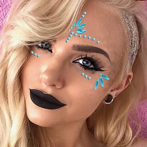 Mermaid Face Gems Stick Jewels Halloween Body Eye Face Jewels Gems Rave Festival Tattoo Glitter Self Adhesive Crystals Rhinestones Diamonds Tattoos Sticker Party Carnival Festival Decorations (Blue)