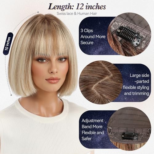 starluck Real Human Hair Wigs for Women, 10 Inch 100% Luxury Virgin Bob Sleek Wig Human Hair with SilkHug Cap, Natural for Daily & Parties Light Blonde with Light Brown with Blunt Bangs (T4/613/6#)