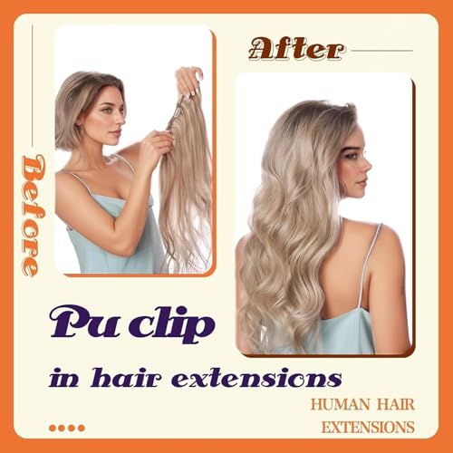 Full Shine Ash Blonde Clip in Extensions Human Hair 22 Inch PU Weft Real Hair Clip in Ash Blonde Highlights Platinum Blonde Silky Straight Remy Hair 8 PCS 120 G