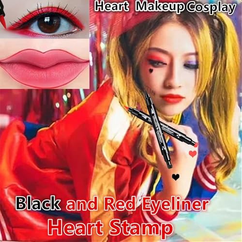 Go Ho 2 PCS Waterproof Liquid Eyeliner Stamps,Double-side Black&Red Smudge-proof Eye Liner,Heart Stamp Eyeliner for Halloween Costumes Makeup,Long-lasting Love Tattoo Tools for Valentines Day