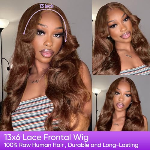26 Inch Brown Body Wave Human Hair Wig Pre Plucked 13x6 HD Transparent Lace Frontal Wigs Human Hair 200% Density Glueless Brown Body Wave Lace Frontal Wigs for Women