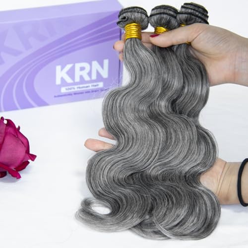 KRN Salt and Pepper Human Hair Bundles 12 14 16 Inch 100% Unprocessed Gray Virgin Human Hair Bundles Body Wave for Black Women Grey Hair Weave Extensions