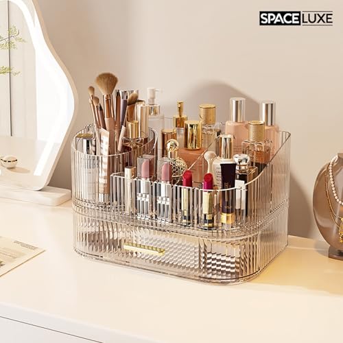 Makeup Organizer with Drawers and 360¡Æ Rotating Brush Holder, Large Capacity Cosmetic Storage for Vanity, Skincare, Perfume, Hair Accessories, Lipstick & Jewelry (Clear, 2-layer)