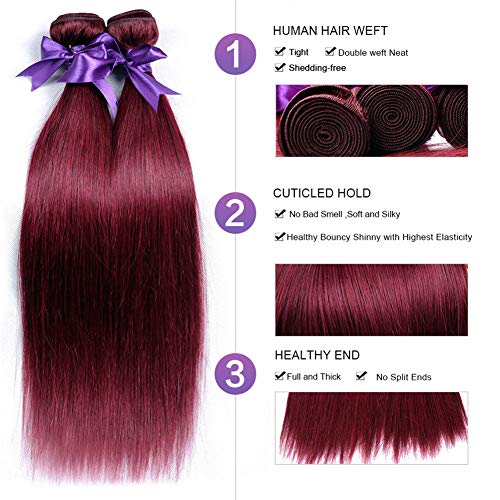 99J Burgundy Hair Bundles With Closure Human Hair, 10A Wine Red Straight Human Hair Bundles With 4x4 Lace Closure Brazilian Virgin Remy Hair Extensions (20 22 24+18)