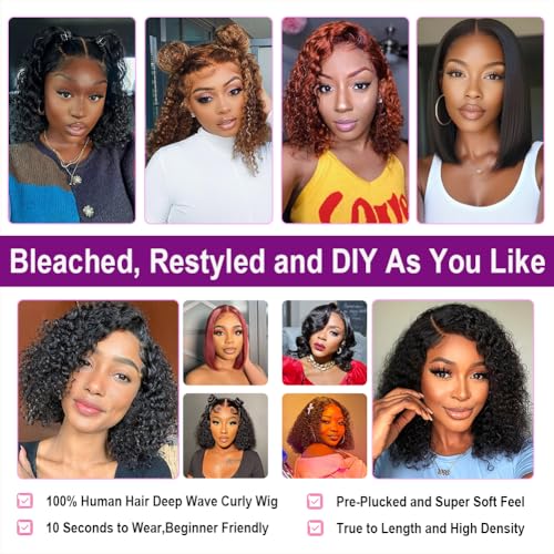 Curly Bob Wigs Human Hair 10 Inch Pre Plucked Pre Cut 5x5 HD Lace Closure Wigs for Black Women Wear and Go Glueless Wig Bob Hair Deep Wave Lace Front Short Curly Wigs 180 Density Natural Black