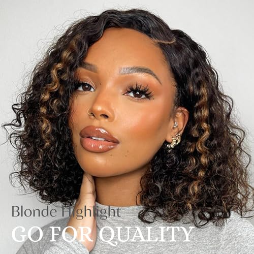 ALHER #1B/27 Highlight Black and Honey Blonde Water Wave 3 Bundles, Wet and Wavy Curly Balayage Ombre Blonde Bundles, 100% Unprocessed Virgin Remy Human Hair Soft Thick Sew In Double Weft 10 12 14 IN