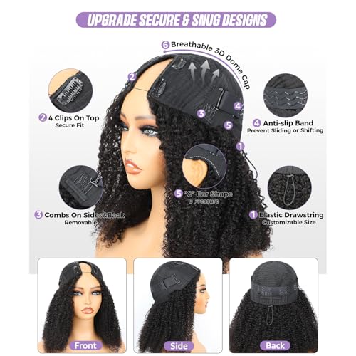 OQ Hair V Part Wig Human Hair Afro Curly Upgrade U Part With Adjustable Drawstring 180% Density V Shape Clip In Half Wig For Women Natural Color 20 Inch