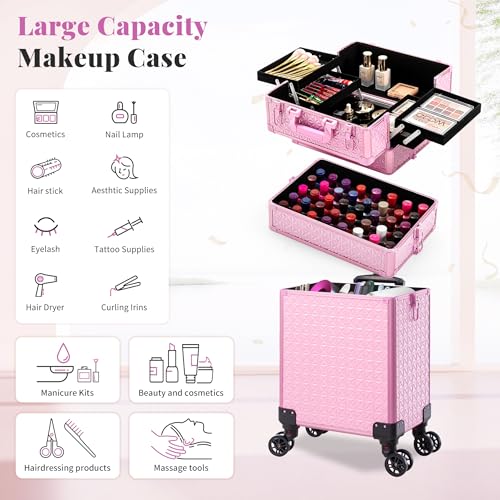3 in 1 Rolling Makeup Train Case Professional Large Cosmetic Trolley Cosmetology Case on Wheels Traveling Cart Trunk for Hairstylist Artist Nail Beauty Salon Barber, Pink