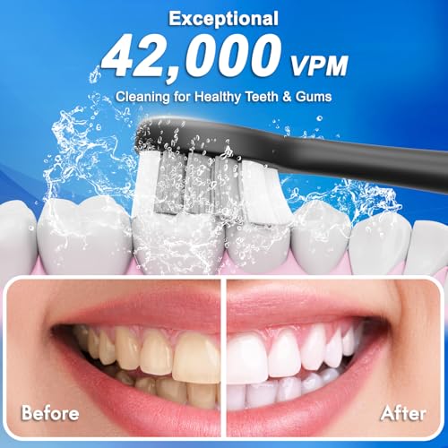Sonic Electric Toothbrush for Adults and Kids, Comes with 10 Brush Heads & Travel Case, 5 Modes with 2 Minutes Built in Smart Timer, One Charge for 90 Days, 42,000 VPM Motor (Black)