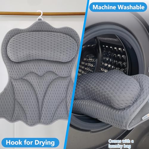 REEZEIVI Bath Pillows for Tub,Bath Pillow with 6 Non-Slip Suction Cups,Soft 4D Mesh Fabric,Bathtub Pillows for Tub Neck and Back Support,Extra Thick Luxury Bathtub Pillows,Grey