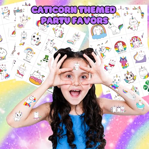 96 PCS Caticorn Cat Pre-Cut Temporary Tattoos Themed Birthday Party Supplies Decorations Favors Decor Funny Cute Cartoon Rainbow Meowgical Tattoo Stickers Gifts For Boys Girls Classroom