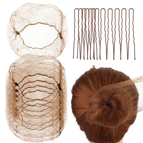 Hair Net Set - 20 Invisible 50cm Hairnets, 40 U-Shaped Pins for Women, Girls Ballet Buns and Dance (Brown)