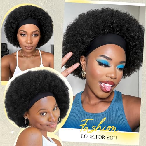 Quick Wig Afro Headband Wig Natural Black Short Afro Kinky Curly Wigs with Headbands Attached Glueless Synthetic Wear and Go for Black Women Fluffy Bouncy Afro Wigs for Daily Party