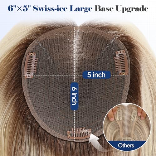 HAIRCUBE Human Hair Toppers For Women 6"*5" Large Base Real Human Hair With Thinning, 14 Inch For Hand-Woven, 60g, Use Daily, Hairloss, Ombre Light Ash Blonde, With Bangs