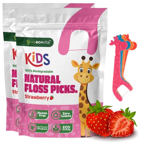 Biodegradable Kids Flossers - Dental Floss Picks for Children | Fluoride & Plastic-Free | Colorful & Fun Animal Floss Sticks | Eco Friendly, Vegan, Natural (Strawberry - 100 Pack)