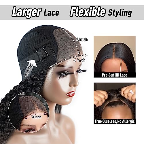 Wear and Go Kinky Curly Glueless Wig Human Hair, 6x4 Pre-Cut HD Lace Glueless Wigs Pre-Plucked, Transparent No Glue Lace Front Closure Wigs for Women 200% Density 26 inch