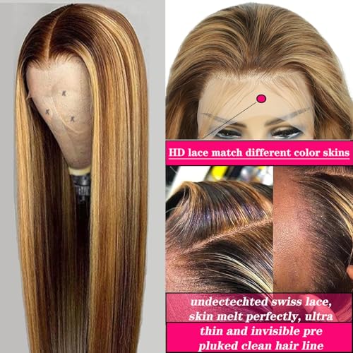 Cypha Ombre Lace Front Wig Human Hair 28inch 13x6 Straight Highlight Wig Human Hair 180% Density 4/27 Colored Honey Blonde HD Lace Frontal Wigs For Women Glueless Pre Plucked with Baby Hair