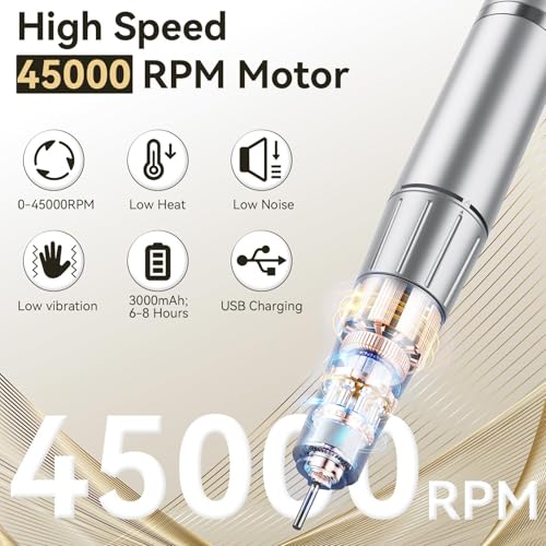 Cadrim Portable Electric Nail Drill Professional 45000 RPM, 2025 Upgrade-Speed Control Disc, Rechargeable Electric Nail File for Acrylic Gel Nails, Nail Drill Kit for Salon Home, White