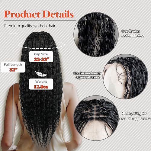 Single Full Lace Braid Wig ? Micro Boho Peruvian Deep Wave Box Braided Wig, Knotless Braided Wigs for Black Women, Curly Hair Wig, with Natural Baby Hair (#1 Jet Black, 32")