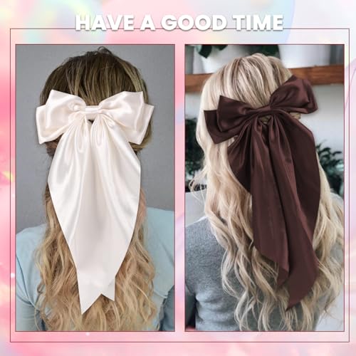 6 PCS Large Hair Bows for Woman Big Silky Satin Ribbon Long Tail Bows Hair Clips Oversized Barrettes for Woman Hair Accessories (6 Colors)