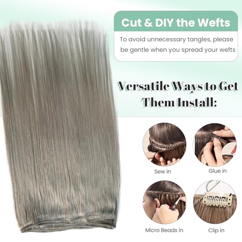 12 Inch Silver Grey Weft Sew in Hair Extensions Real Human Hair Weft Bundles, Hand Tied Silver Gray Sew in Weft Human Hair Extensions, 80G Per Bundle with Thick Full Ends