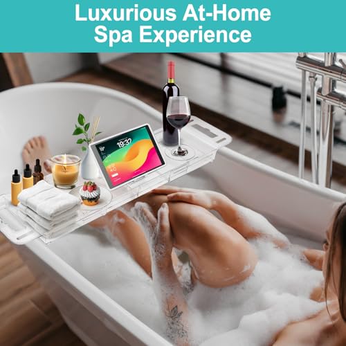 Expandable Bathtub Tray Caddy, Clear Bath Tray for Tub for Bath Relaxing, Foldable Bath Table Trays, Bathtub & Bathroom Accessories for Women Gift, Anniversary or Wedding Gifts, New Home