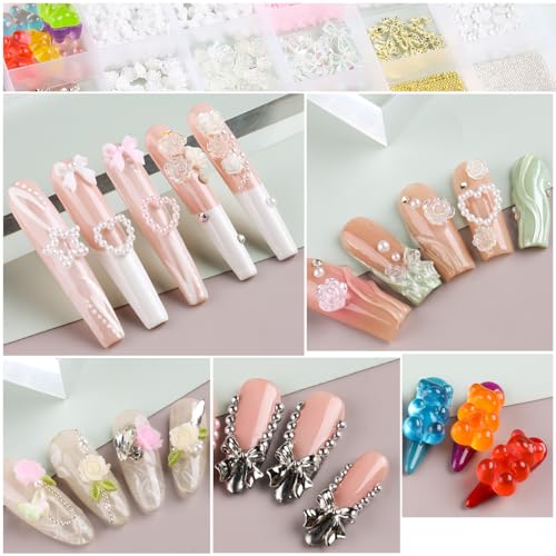 3D Nail Charms Bulk - Mix Assorted Colorful Nail Art Charms with Flowers, Hearts, Pearls, Butterflies, Bows & Crystals - Includes Pickup Tool