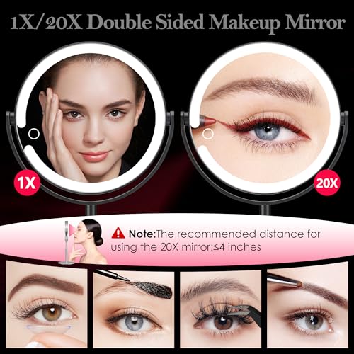 Led Makeup Mirror with Lights, 20X Magnifying Mirror, Rechargeable Magnified Makeup Mirror with 360¡ÆRotation & Height Adjustable, Detachable Vanity Mirror(Black)