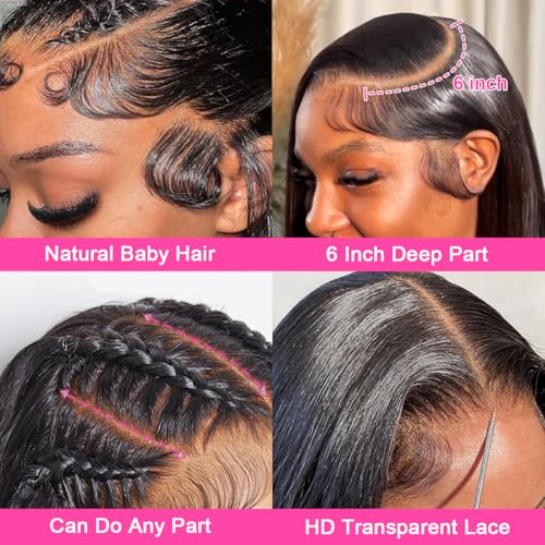 13x6 Straight Lace Front Wigs Human Hair 32 Inch HD Transparent Lace Frontal Wigs Straight Human Hair Wig for Women 200% Density Glueless Wigs Human Hair Pre Plucked with Baby Hair Natural Black
