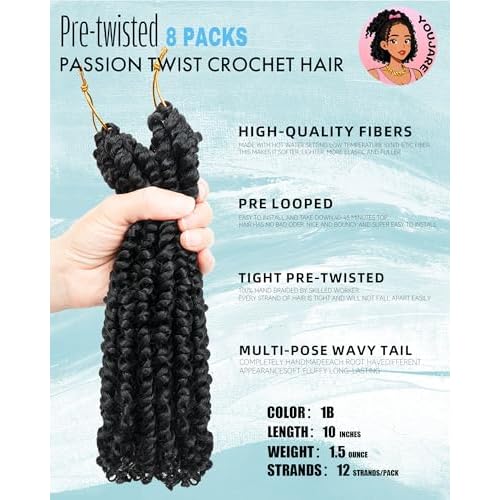 Passion Twist Crochet Hair for Black Women-10 Inch 8 Packs Natural Black, Pre Looped Pretwisted Hair Extensions,Braided by Synthetic Spring Kinky Twist Bohemian Curl(10"-8P,1B)