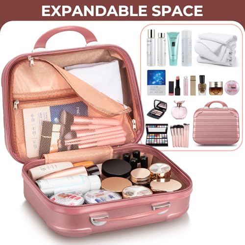Noverlife 14in Hard Shell Makeup Travel Case, Portable Cosmetic Train Case with Elastic Band, Pressure-proof ABS Carrying Makeup Suitcase, Cosmetic Travel Hand Luggage Bag Organizer - Rose Gold