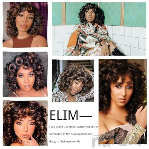 Short Curly Wigs Human Hair for Black Women Mixed Brown Afro Soft Wig with Bangs Heat Resistant Natural Cute Breathable Capless Glueless Lightweight Tangle Free
